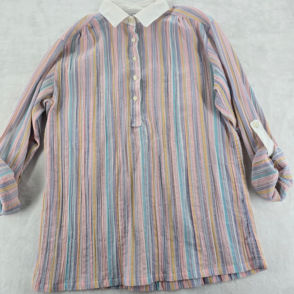 Shapely Button Up Womens L Tunic Multicolor Pastel Striped Roll‎ Tab Sleeve